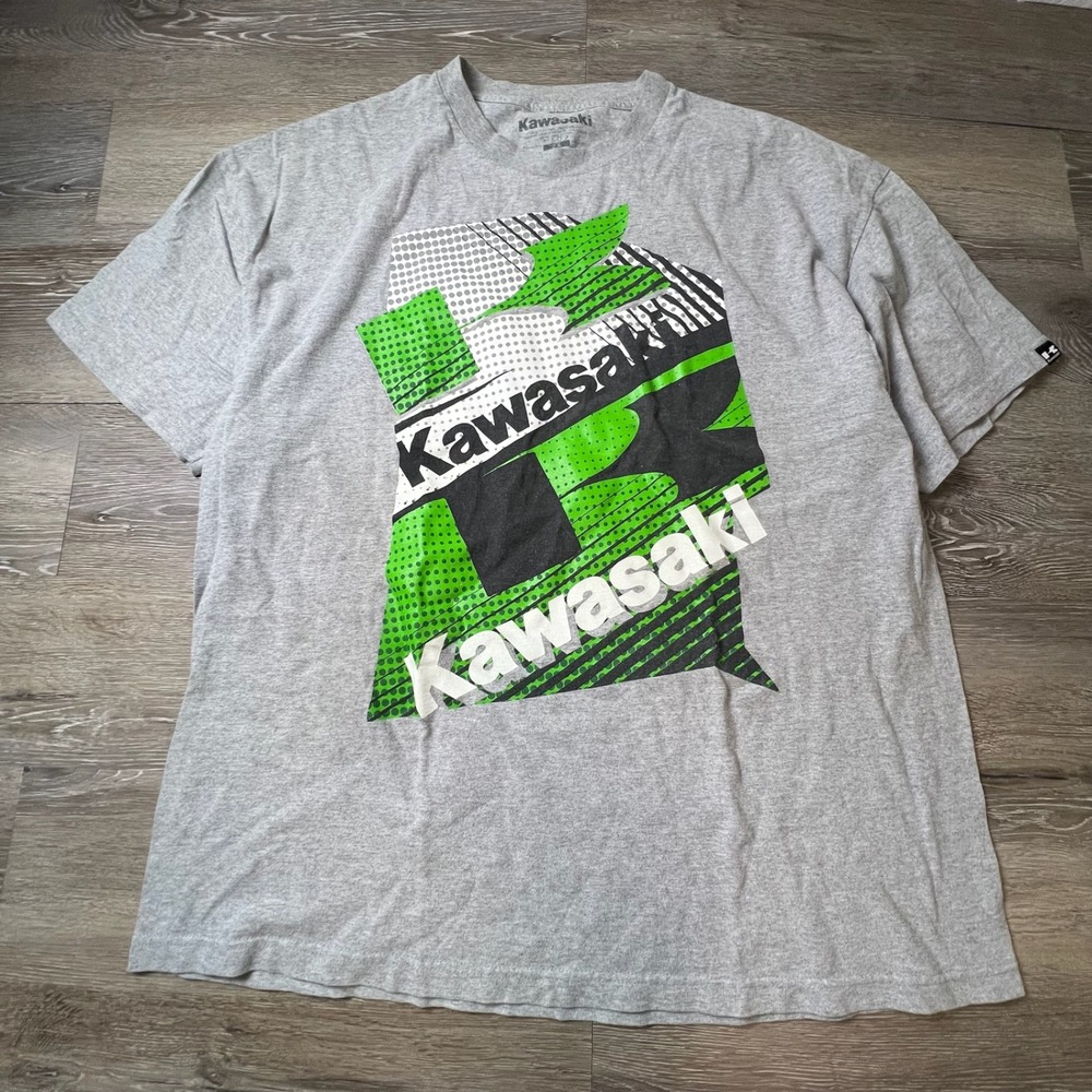 Kawasaki T Shirt Mens 2XL Grey Green Halftone Graphic Moto Racing Tee